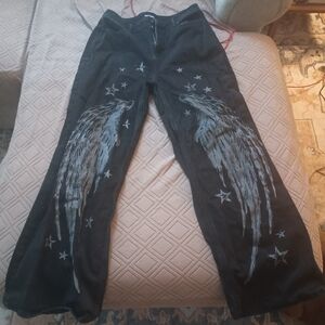 Hot Topic Black Jeans with Gray Star and Wing Design